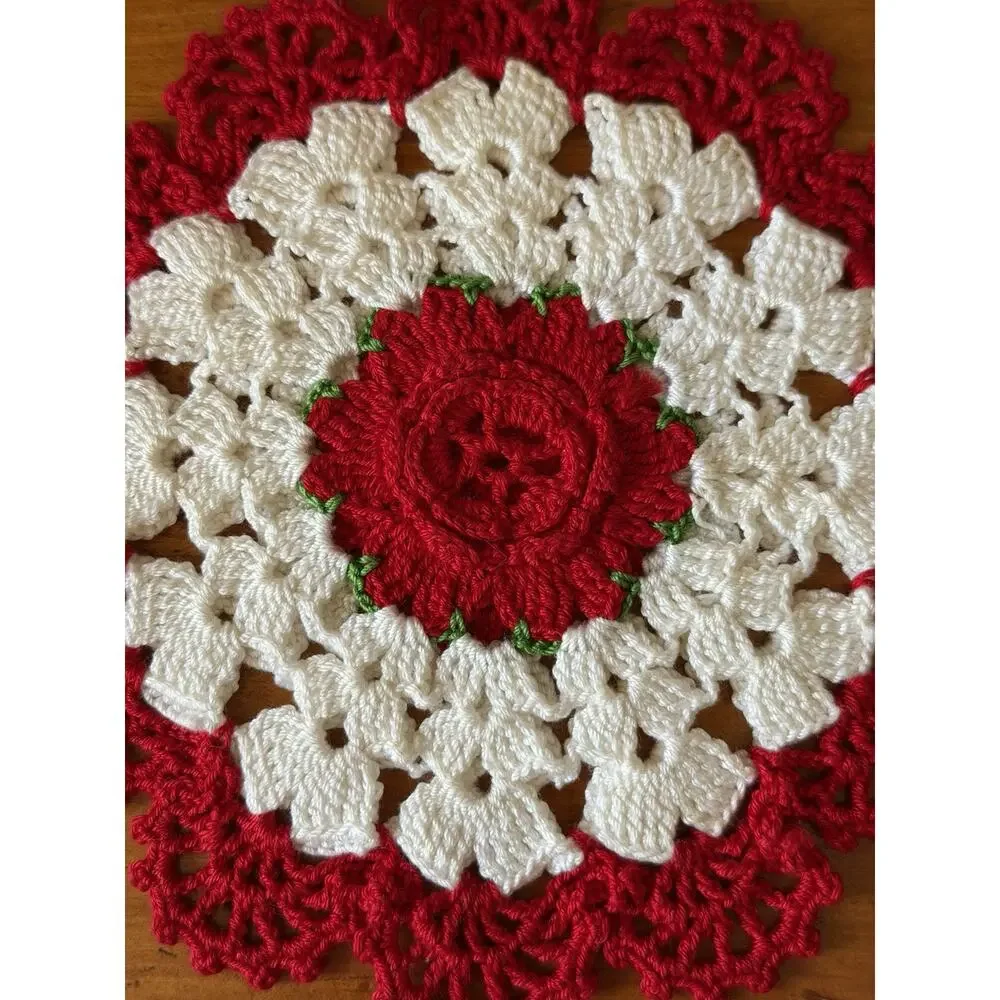 Vintage Crochet Floral Hot Pad Trivet Set Red White Handmade Kitchen Decor Pair